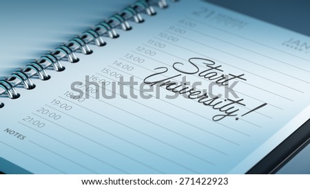 Closeup of a personal calendar setting an important date representing a time schedule. The words Start Studying written on a white notebook to remind you an important appointment.
