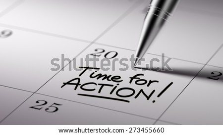 Closeup of a personal agenda setting an important date written with pen. The words Time for action written on a white notebook to remind you an important appointment.