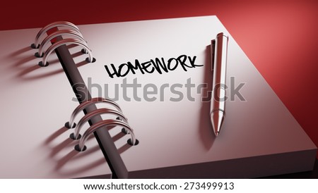 Closeup of a personal agenda setting an important date writing with pen. The words Homework written on a white notebook to remind you an important appointment.