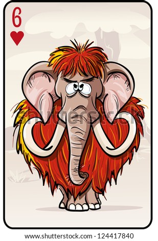 Playing card with a red mammoth. This image is in vector format.