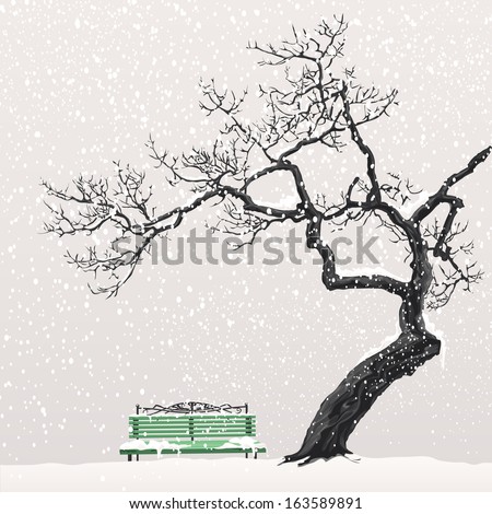 Illustration of a winter landscape with a tree and a bench