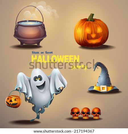 Set of different items for the holiday Halloween, as well as a cute ghost