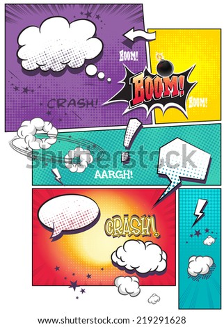 Image comic book pages with different speech bubbles for text as well as various sounds on a colored background Image comic book pages with different speech bubbles for text as well as various sounds on a colored background