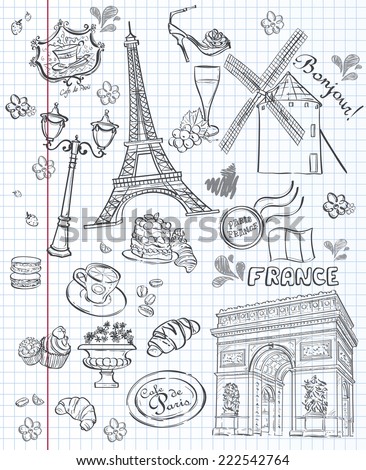 Set of images of various attractions, Paris, France Set of images of various attractions, Paris, France. Black contour