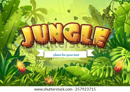 Illustration cartoon jungle with inscription and ribbon for your text