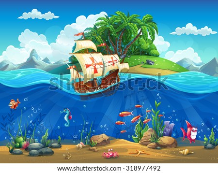 Cartoon underwater world with fish, plants, island and caravel