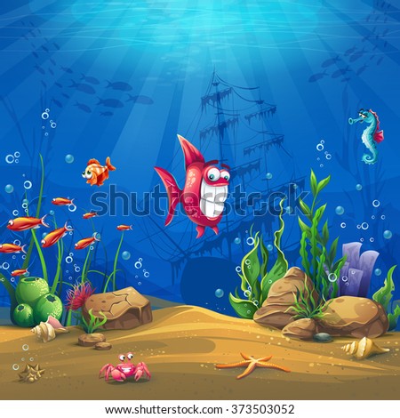 Undersea world with fish. Marine Life Landscape - the ocean and the underwater world with different inhabitants. For design websites and mobile phones, printing.
