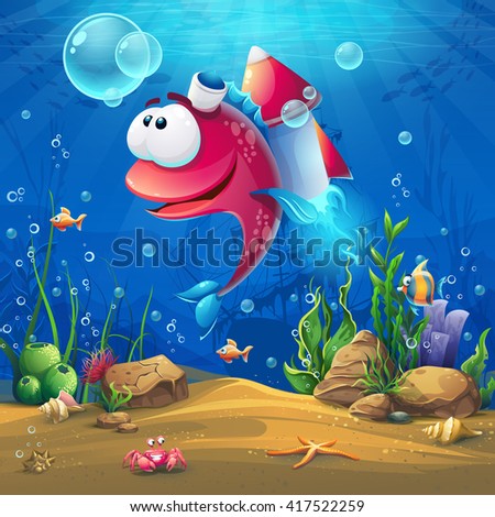 Undersea world with funny fish. Marine Life Landscape - the ocean and the underwater with different inhabitants. For design websites and mobile phones, printing.