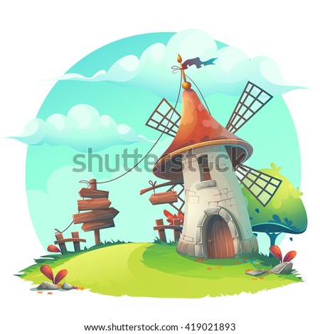Vector cartoon illustration - background with a windmill, hedge, fence, paling, tree, flower, rocks, rope, stick, lingerie, grass.