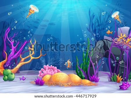 Marine Life Landscape - the ocean and underwater world with different inhabitants. For print, create videos or web graphic design, user interface, card, poster.