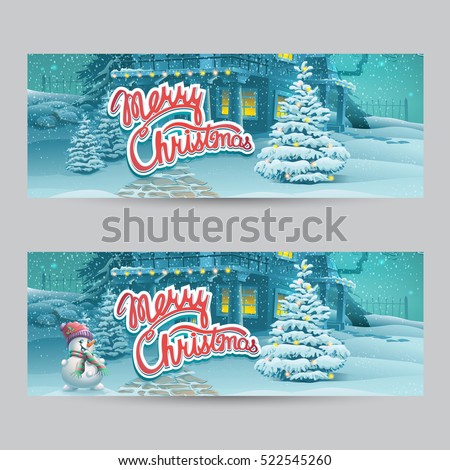Horizontal banner - vector cartoon illustration Merry Christmas. Greeting card light style background. Merry Christmas message.