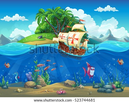 Undersea world with island and sailing ship. Marine life landscape - the ocean and the underwater world with different inhabitants. For design websites and mobile phones, printing.