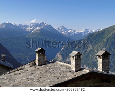Western Alps, Italy, France, roof with chimneys of a mountain hut