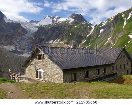 Western Alps, Italian Alps, French Alps, mountain hut with view to the Mont Blanc massif from the italian side