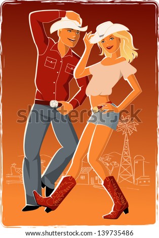 Square dancing. Young man and woman in western style clothes, boots and cowboy's hats dancing with a ranch on the background, vector illustration, no transparencies