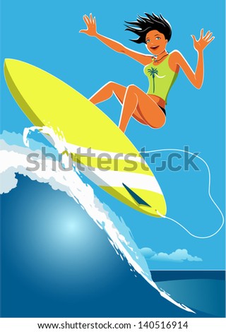 Young girl, tanned and slim, surfing on a wave, smiling