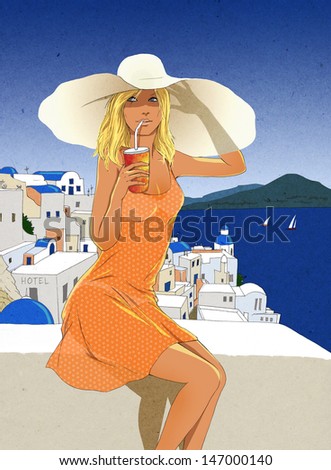 Young woman in a wide brim hat drinking soda, Mediterranean town on the background. Hand-drawn in ink and colored digitally.