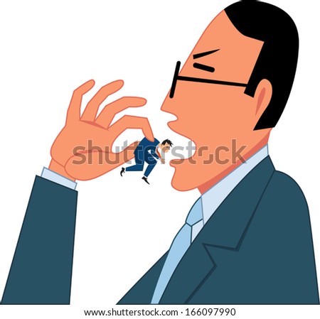 Human resources. Businessman swallowing a tiny employee
