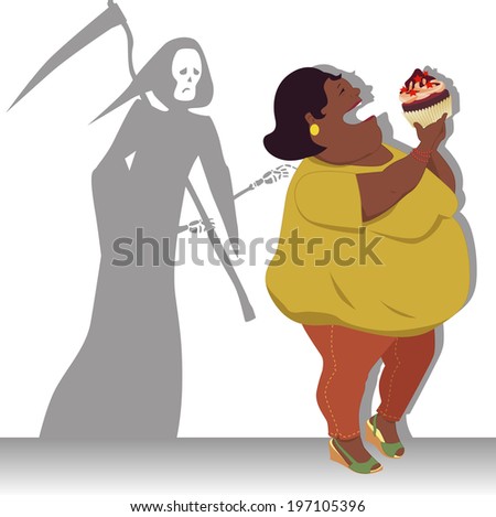 Danger of obesity. Grim reaper touches a shoulder of an obese black woman with a giant cupcake