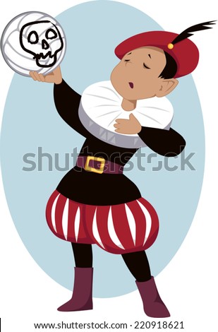 Little boy playing Hamlet in a school play holding a volleyball with a scull painted on it Little boy playing Hamlet in a school play holding a volleyball with a scull painted on it