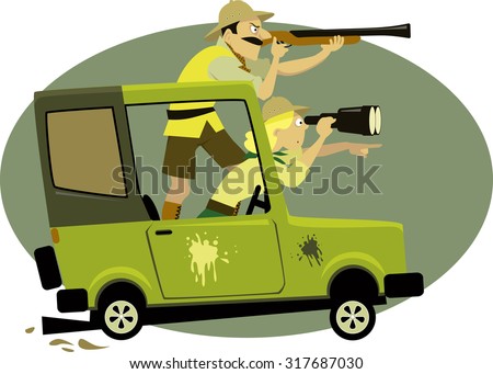 Couple dressed in safari style clothes pursuing game on a jeep with a binocular and a rifle, vector illustration, EPS 8, no transparencies