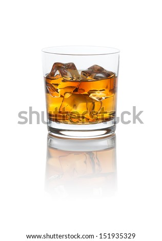 Smokey Scotch Whiskey on the rocks with a nice refection. Isolated on white with clipping path.