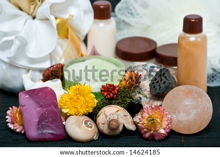 composition of flowers, sea shells, soaps and rock