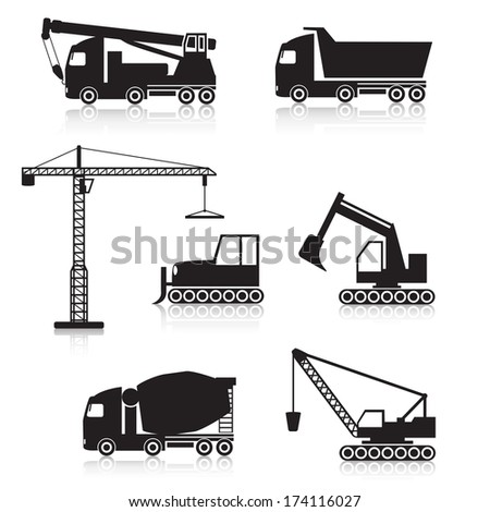 Icons Construction Equipment: Crane, Scoop, Mixer, Scraper