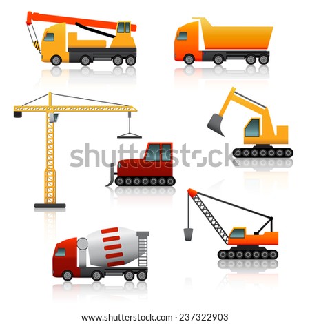 icon construction equipment  	crane, scoop, mixer with reflection on a white background