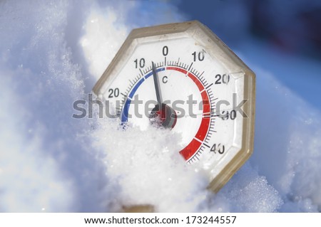 below zero on the old analogue thermometer, close up shot, concept of a cold weather