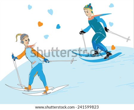 Illustration of the young couple skiing, love and winter sports concept