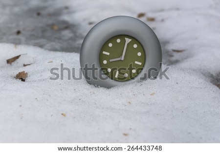Clock on the snow, concept of weather change