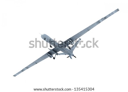 Military drone isolated on white background flying