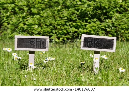 Two Blank signboard angular in the meadow and flowers