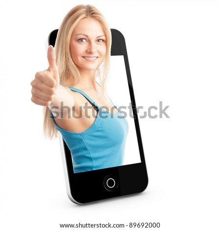 Smart phone Concept with beautiful blonde woman reaching out of the phone interface