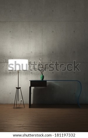 Desk with flowers and lamp in old environment