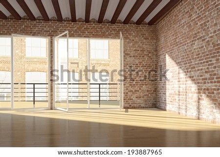 Empty loft with red brick wall and open windows Empty loft with red brick wall and open windows
