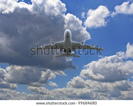Airplane takes off over ground with clouds in the sky