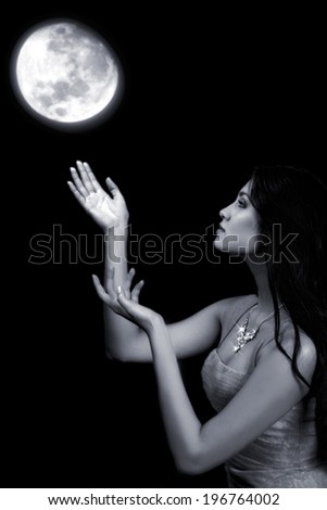moon in hands. attractive fairy girl