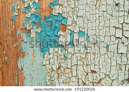 Cracked paint on a wooden wall. Wall from wooden planks with paint traces. old painted wood wall texture, grunge background, cracked paint. Blue and white paint on wood