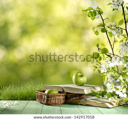 apple and book on green nature background