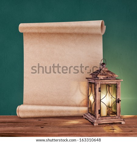 Vintage Lantern With Antique Scroll On Green Background