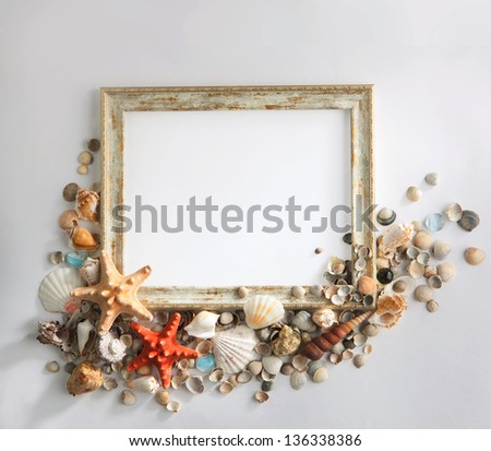 Shabby picture frame with blank space inside, and shells in form of wave, on white background
