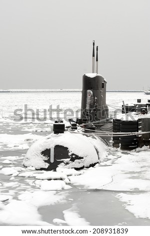 Navy Submarine, in the winter port, front view, Baltic Sea