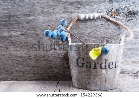 Wooden bucket with a branch with sloe berries