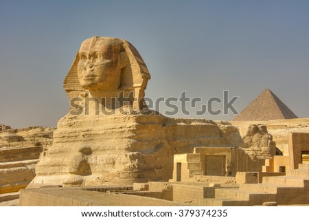 The Great Sphinx of Giza. Monumental limestone statue of a reclining sphinx with a lion\'s body and a human head (believed to represent Pharaoh Khephren), Giza, Egypt