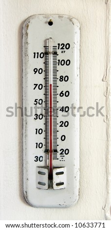 vintage white enamel outdoor thermometer on the wall