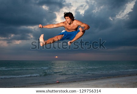 Flying Beach Karate Kick