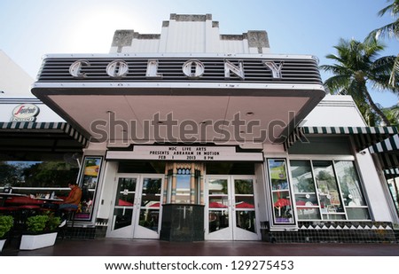 MIAMI, USA - FEB 1: Famous Colony Art Deco Theater renovated for 6,5 Million US $, build in 1934 in art deco style to entertain the visitors in Lincoln Road, Miami, FL on Feb 1, 2013.