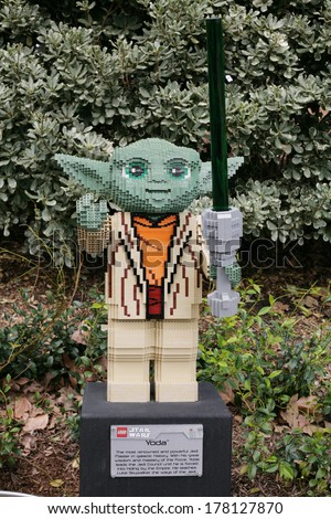 CARLSBAD, US, FEB 6: Star Wars Yoda figure made with lego bricks at Legoland in Carlsbad, California on Feb 6, 2014.